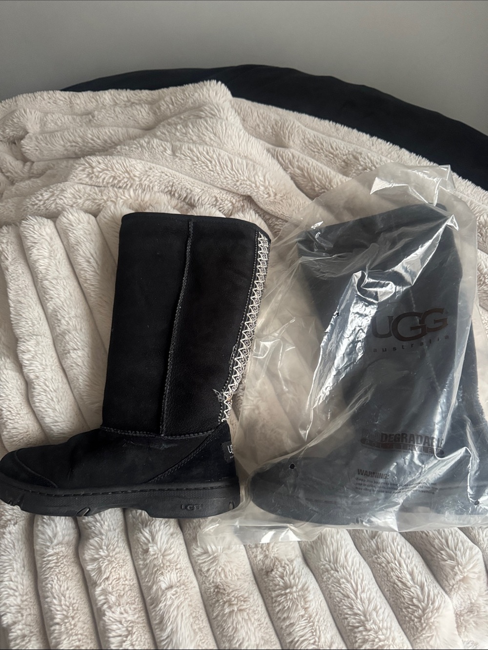 UGG Black Suede Mid-Calf Boots with Stitch Detail